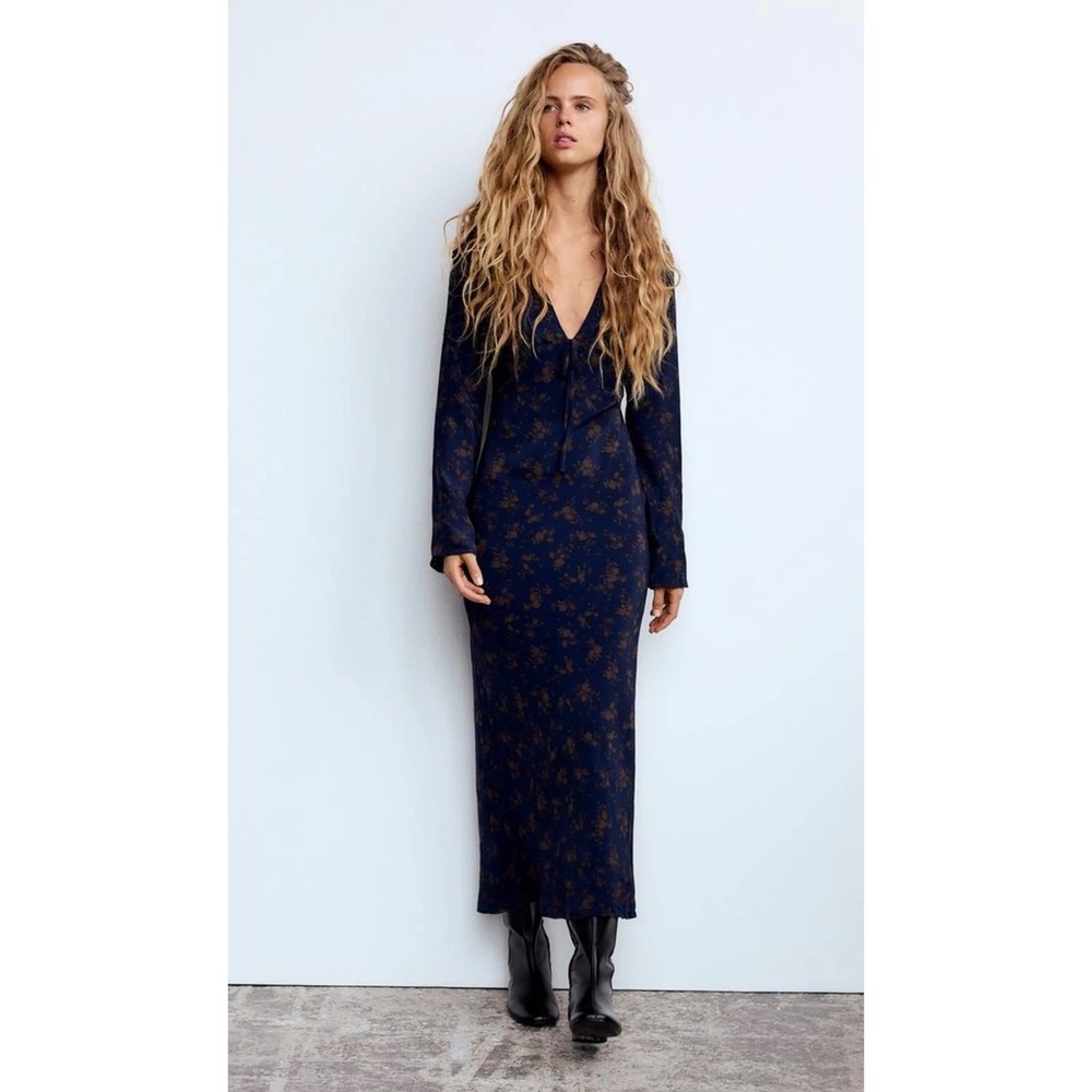 Zara NWT Cottagecore Floral Tie Front Midi Dress‎ Long Sleeve Dark Floral S